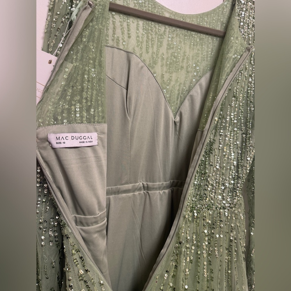 NWT| 5636 Sage Green Illusion High Neck Long Sleeve Embellished Gown Size 10 - Picture 15 of 15